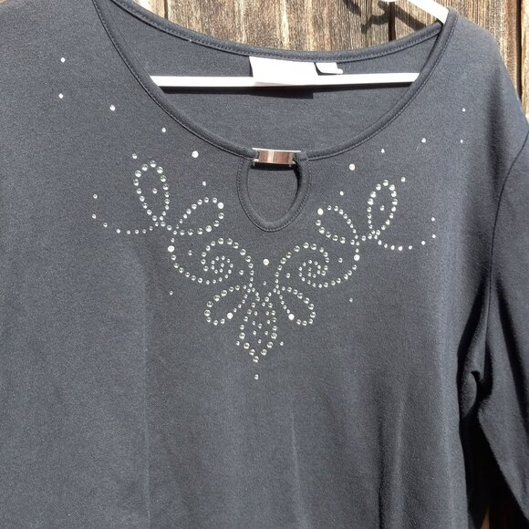 Quacker Factory Size LG Key Hole Rhinestone Swirls Gray Tunic T-Shirt Blouse - Picture 3 of 6